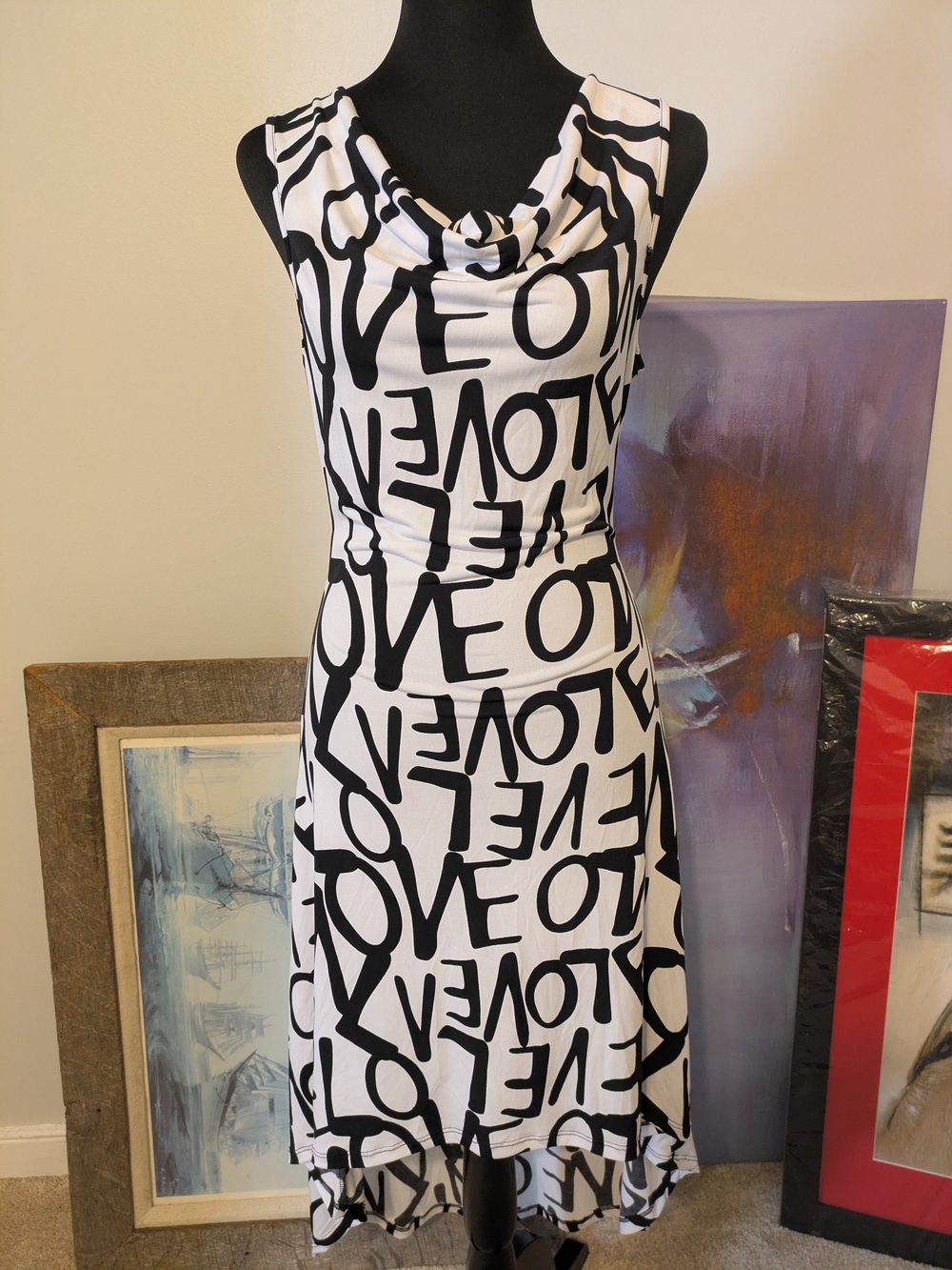 Lipstick Sleeveless Black & White 'Love' Print Cowl Neck Dress Size S Hilo